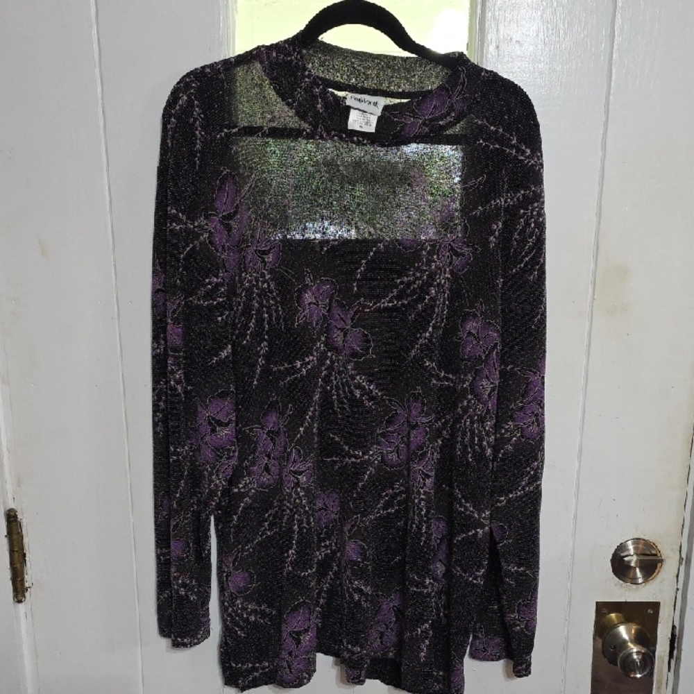 BonWorth Women's Nylon Metallic Bliuse Black Purple Floral Sheer Sz 3X EUC